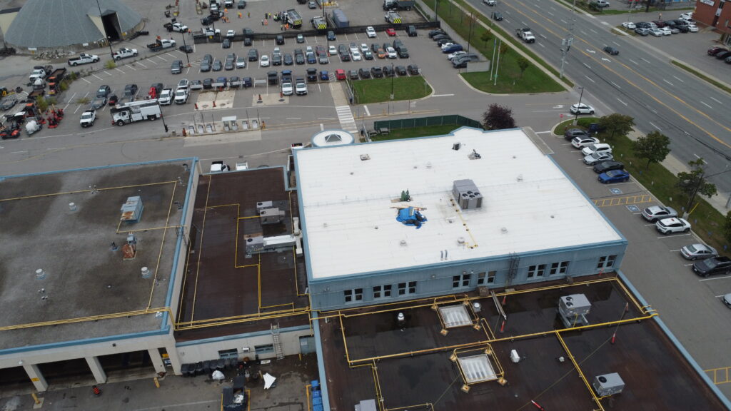 Drone view of 3185 Mavis Rd property showing completed commercial roofing project in Mississauga
