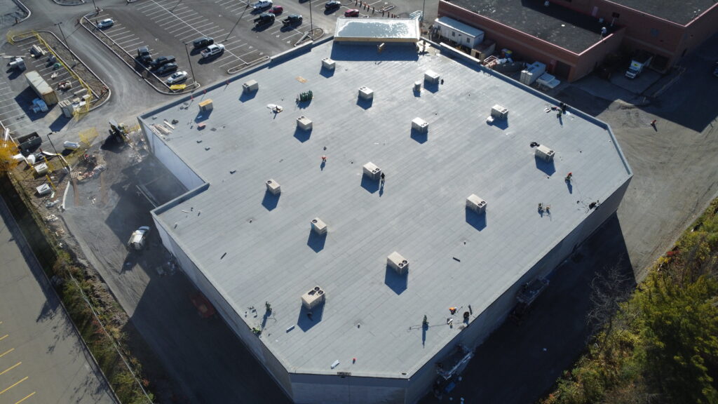 Welland commercial roofing project at 777 Niagara St aerial view showing 52300 sqft modified bitumen roof installation